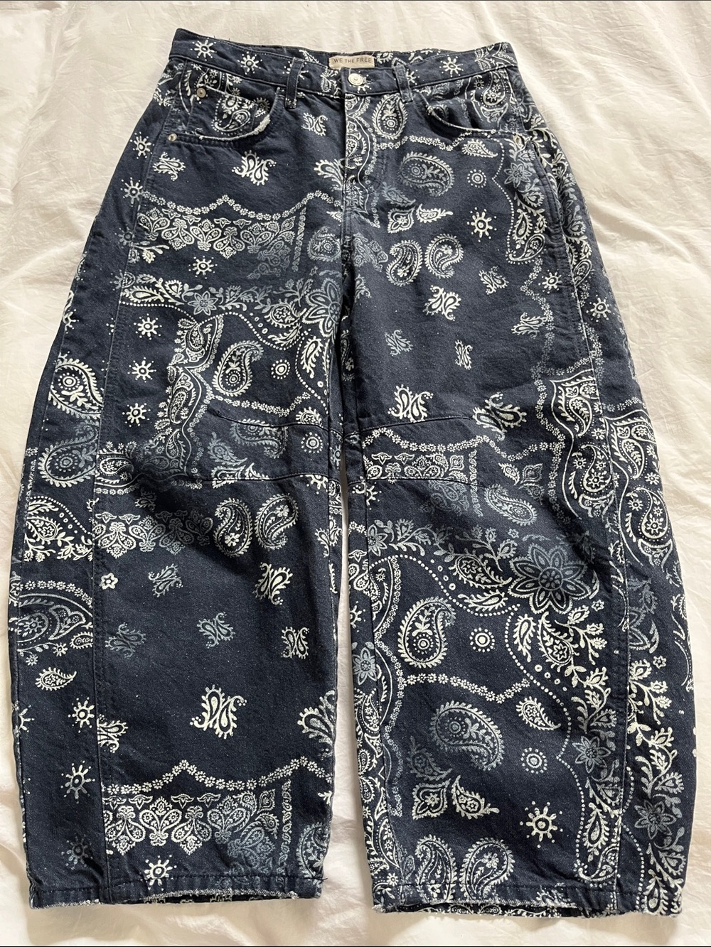 We The Free Good Luck Printed Barrel Denim Jeans Free People navy bandana print
